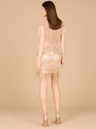 Beaded Fringe Short Dress with Cap Sleeves - Glamourous Grace