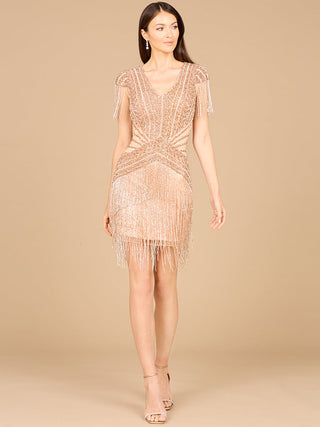 Beaded Fringe Short Dress with Cap Sleeves - Glamourous Grace