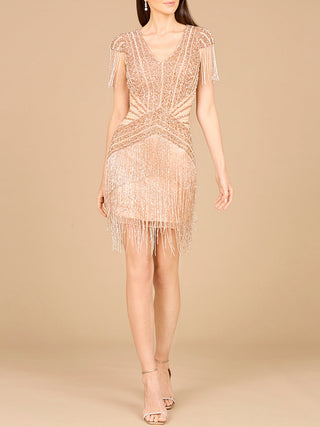 Beaded Fringe Short Dress with Cap Sleeves - Glamourous Grace