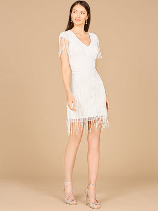 Beaded Fringe Short Dress with Cap Sleeves - Glamourous Grace