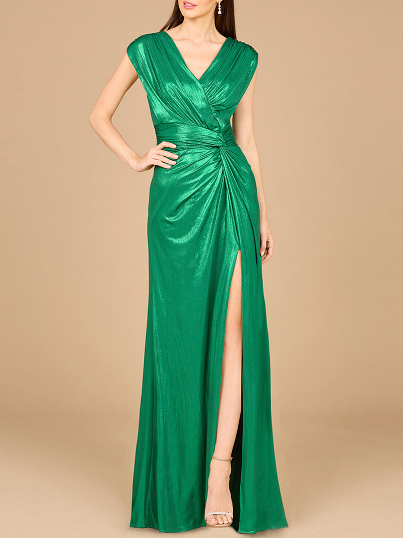 V-Neck Metallic Dress with Slit | 29124 - OUTLET - Glamourous Grace