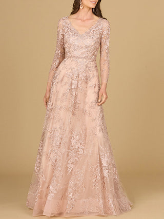 Long Sleeve V-Neck Lace Gown with Beaded Belt - Glamourous Grace