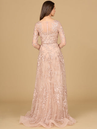 Long Sleeve V-Neck Lace Gown with Beaded Belt - Glamourous Grace