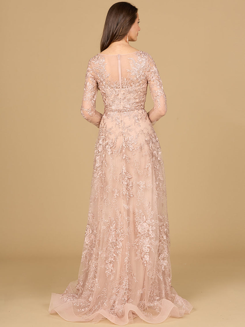 Long Sleeve V-Neck Lace Gown with Beaded Belt - Glamourous Grace