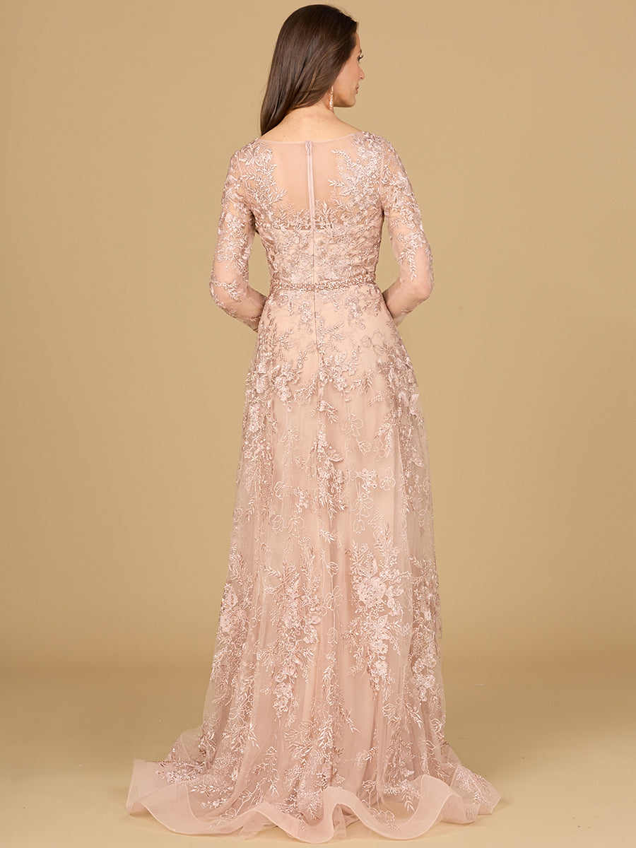 Long Sleeve V-Neck Lace Gown with Beaded Belt - Glamourous Grace