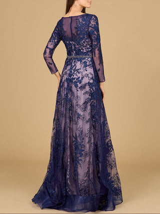 Long Sleeve V-Neck Lace Gown with Beaded Belt - Glamourous Grace