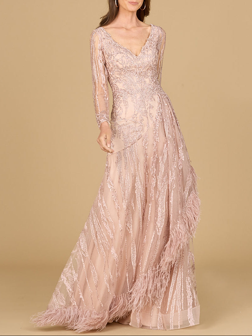Long Sleeve V-Neck Lace Gown with Feathers - Glamourous Grace