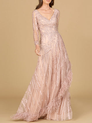 Long Sleeve V-Neck Lace Gown with Feathers - Glamourous Grace
