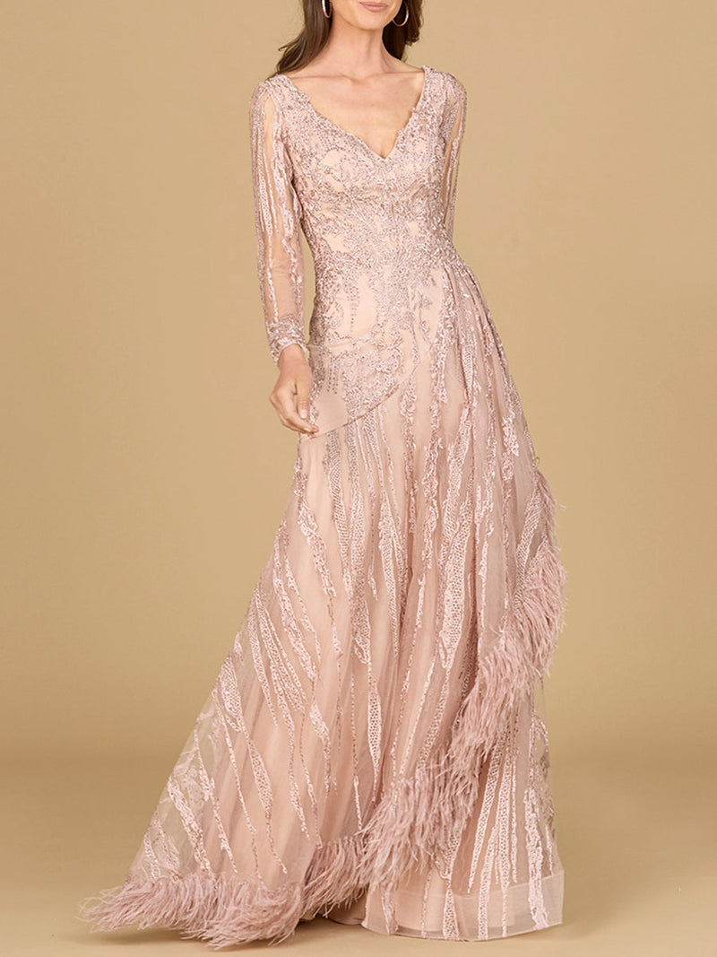 Long Sleeve V-Neck Lace Gown with Feathers - Glamourous Grace
