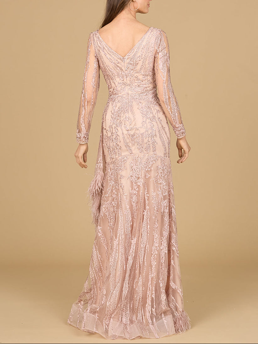Long Sleeve V-Neck Lace Gown with Feathers - Glamourous Grace
