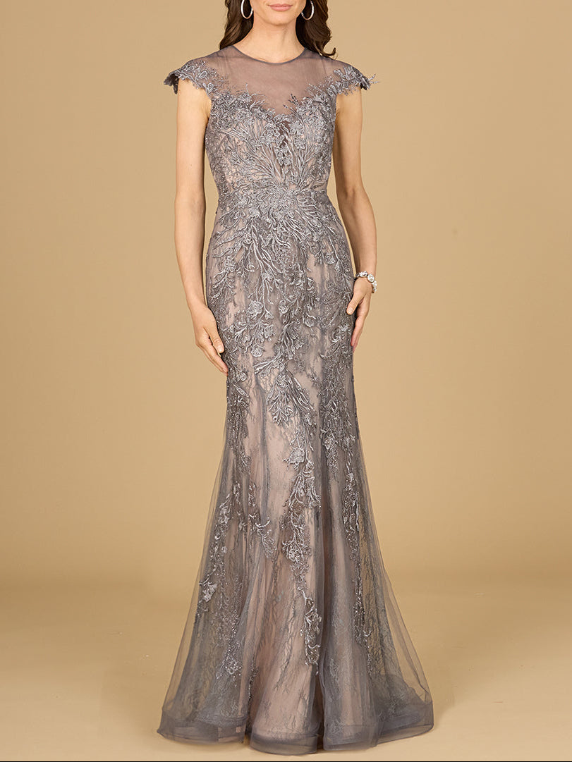 Sheath Lace Gown with Cap Sleeves - Glamourous Grace