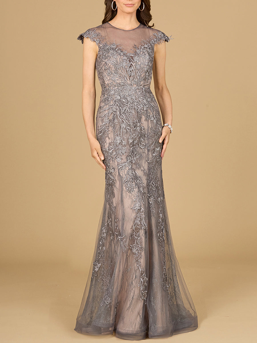Sheath Lace Gown with Cap Sleeves - Glamourous Grace