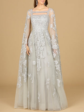 Lace Embroidered Gown with Long Cape Sleeves - Glamourous Grace