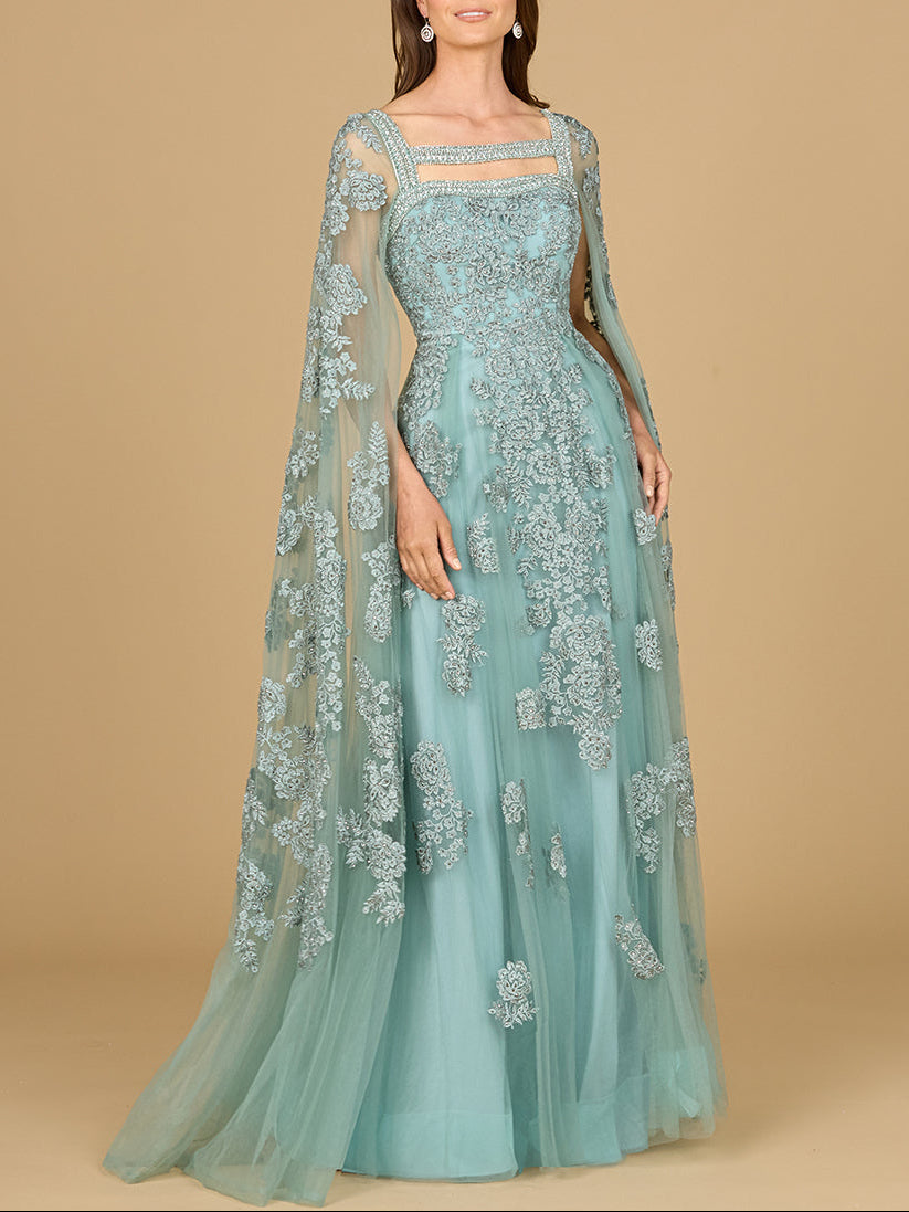 Lace Embroidered Gown with Long Cape Sleeves - Glamourous Grace