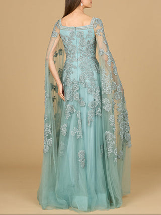 Lace Embroidered Gown with Long Cape Sleeves - Glamourous Grace
