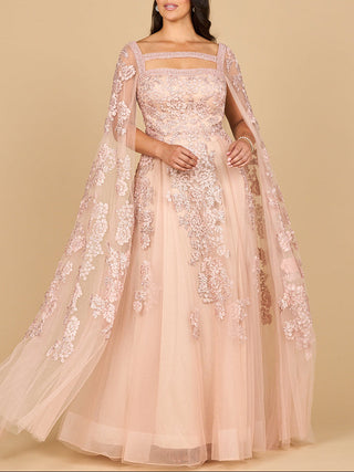 Lace Embroidered Gown with Long Cape Sleeves - Glamourous Grace