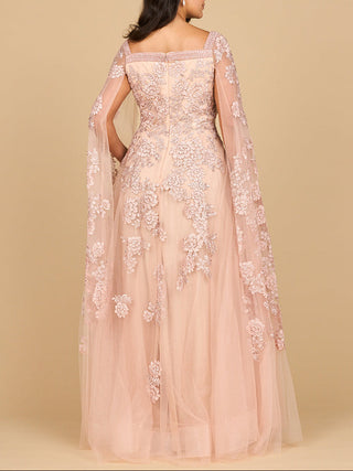 Lace Embroidered Gown with Long Cape Sleeves - Glamourous Grace