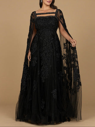 Lace Embroidered Gown with Long Cape Sleeves - Glamourous Grace