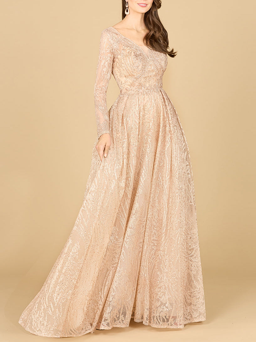 Long Sleeve, A-line Gown with a V-Neckline - Glamourous Grace