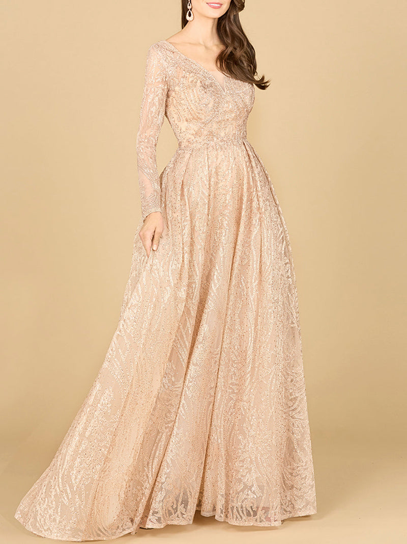 Long Sleeve, A-line Gown with a V-Neckline - Glamourous Grace