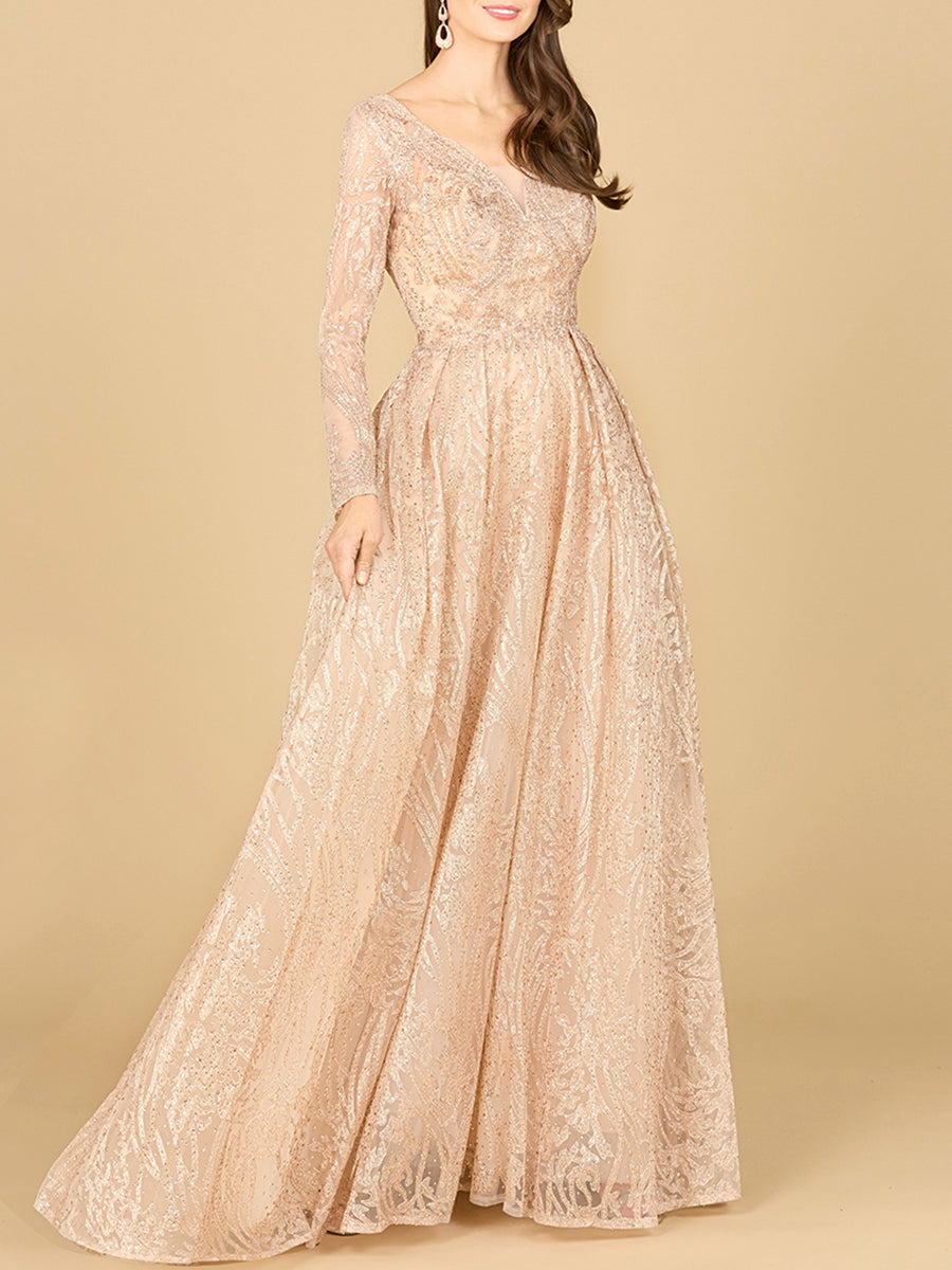 Long Sleeve, A-line Gown with a V-Neckline - Glamourous Grace