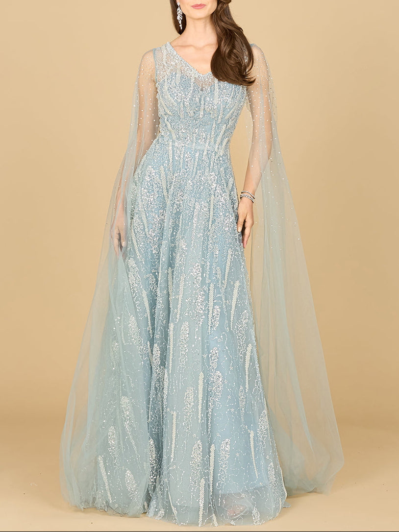 Lace Gown with Cape Sleeves and V-neckline - Glamourous Grace