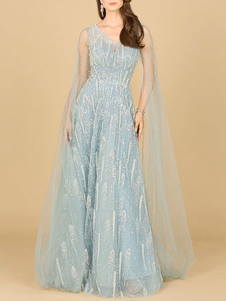 Lace Gown with Cape Sleeves and V-neckline - Glamourous Grace