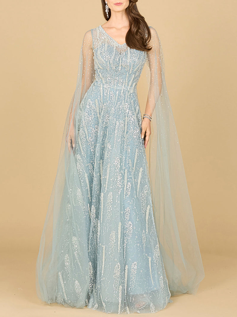Lace Gown with Cape Sleeves and V-neckline - Glamourous Grace