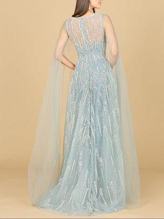 Lace Gown with Cape Sleeves and V-neckline - Glamourous Grace