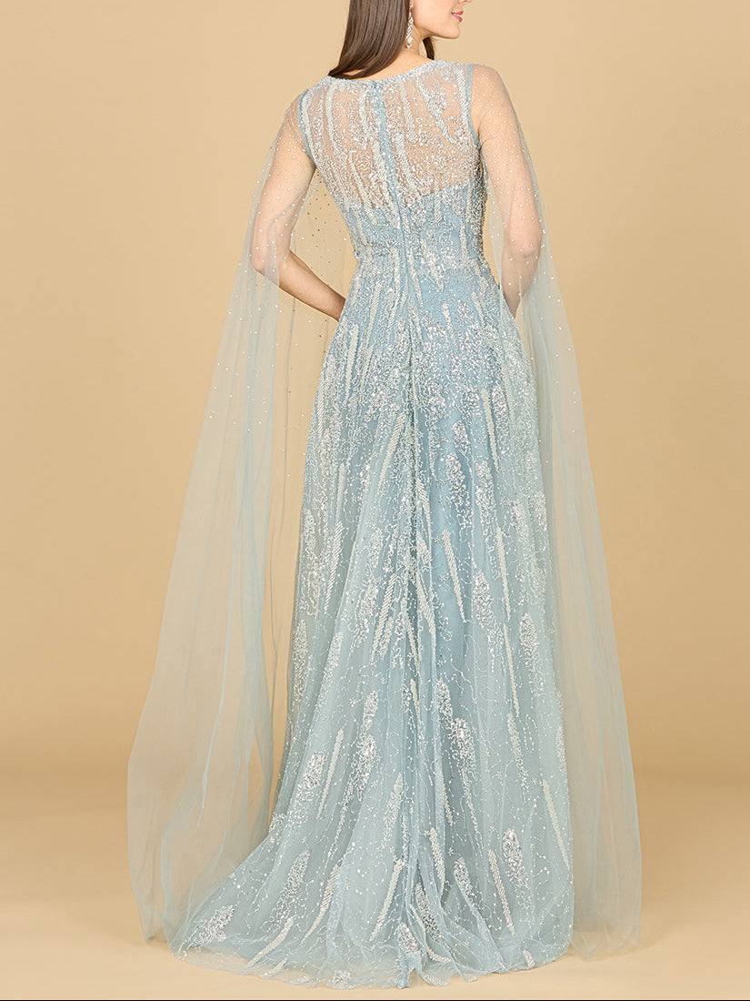 Lace Gown with Cape Sleeves and V-neckline - Glamourous Grace