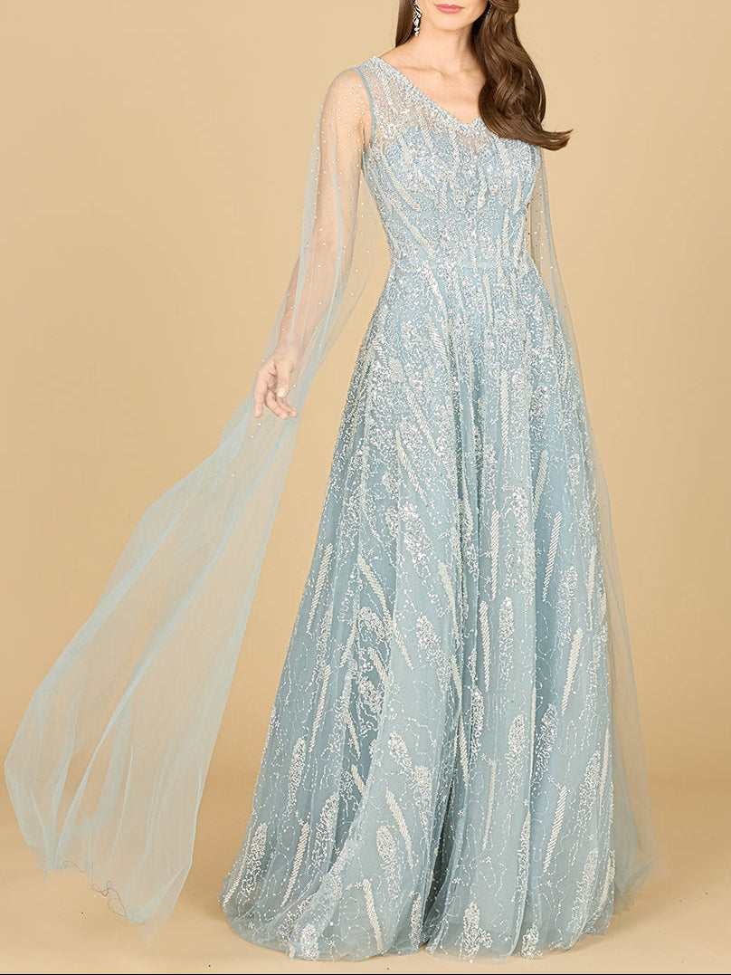 Lace Gown with Cape Sleeves and V-neckline - Glamourous Grace