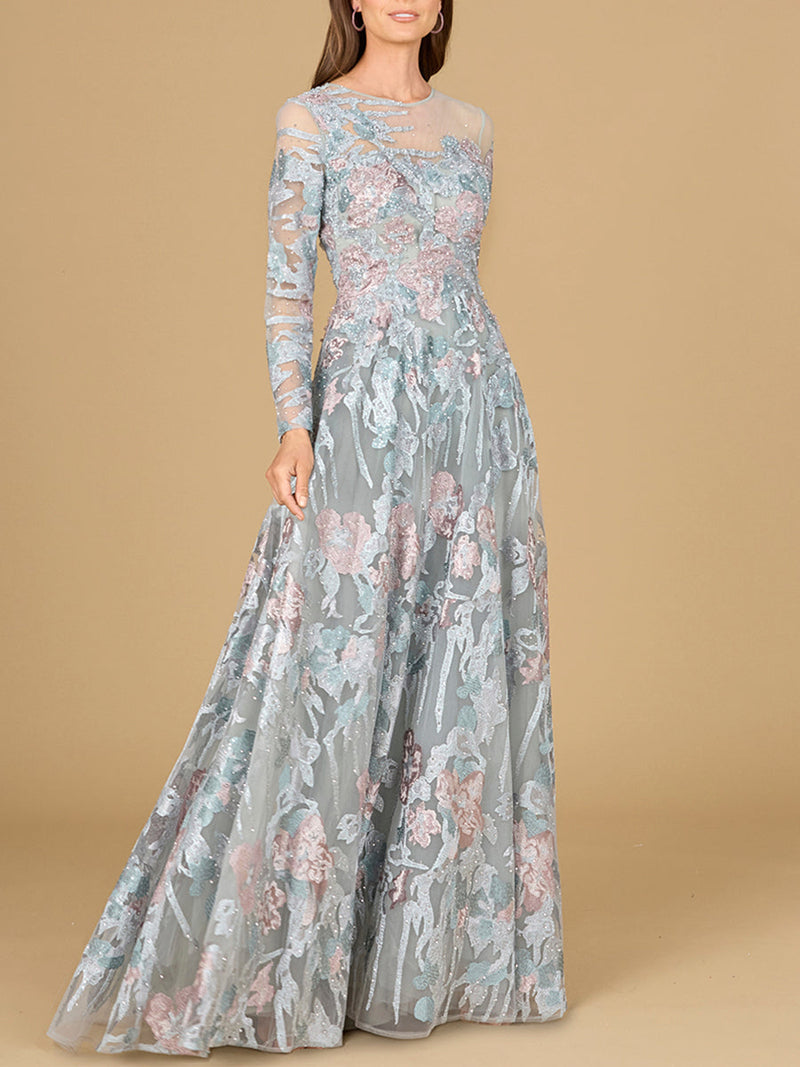 Illusion Neck, Long Sleeve Ballgown - Glamourous Grace