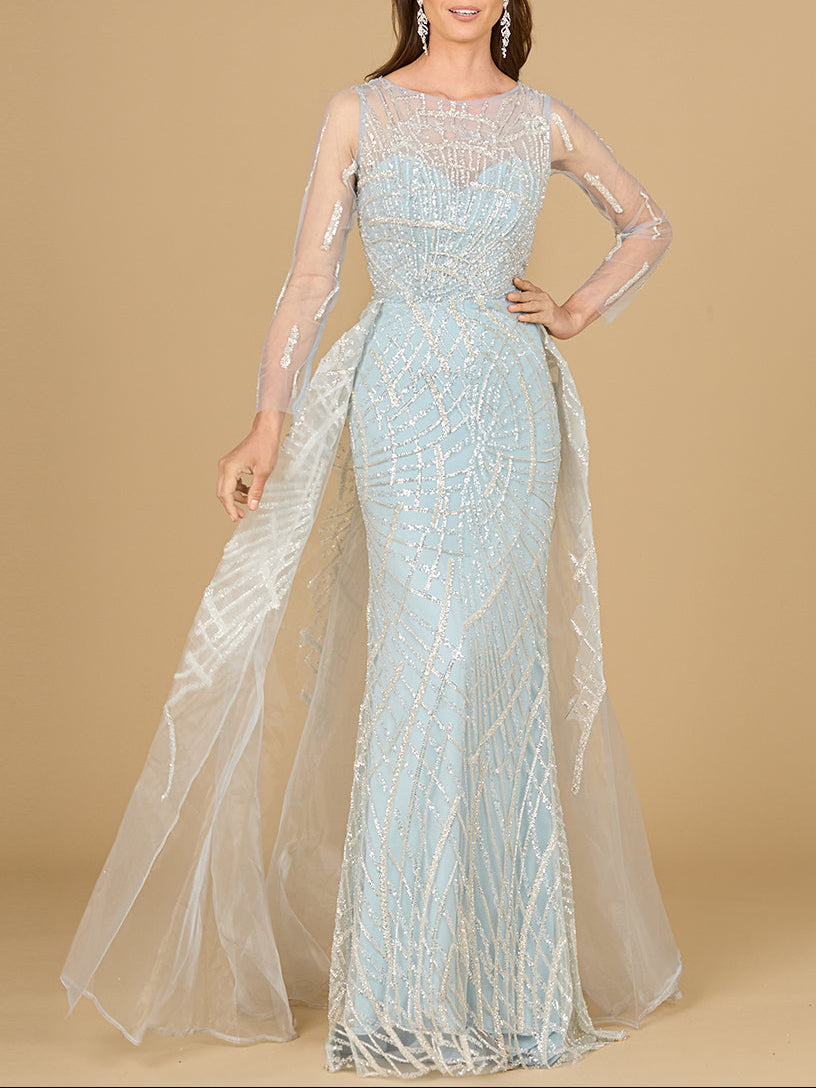 Long Sleeve Lace Gown with Tulle Overskirt - Glamourous Grace