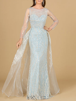 Long Sleeve Lace Gown with Tulle Overskirt - Glamourous Grace