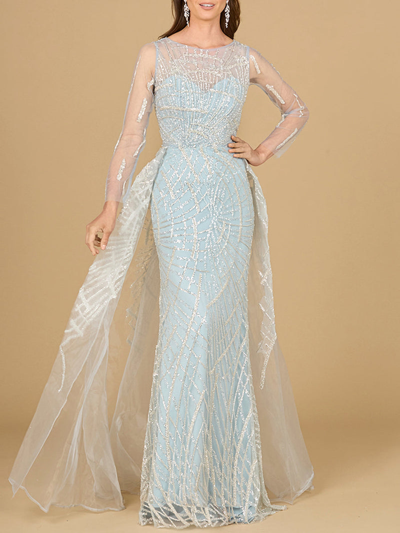 Long Sleeve Lace Gown with Tulle Overskirt - Glamourous Grace