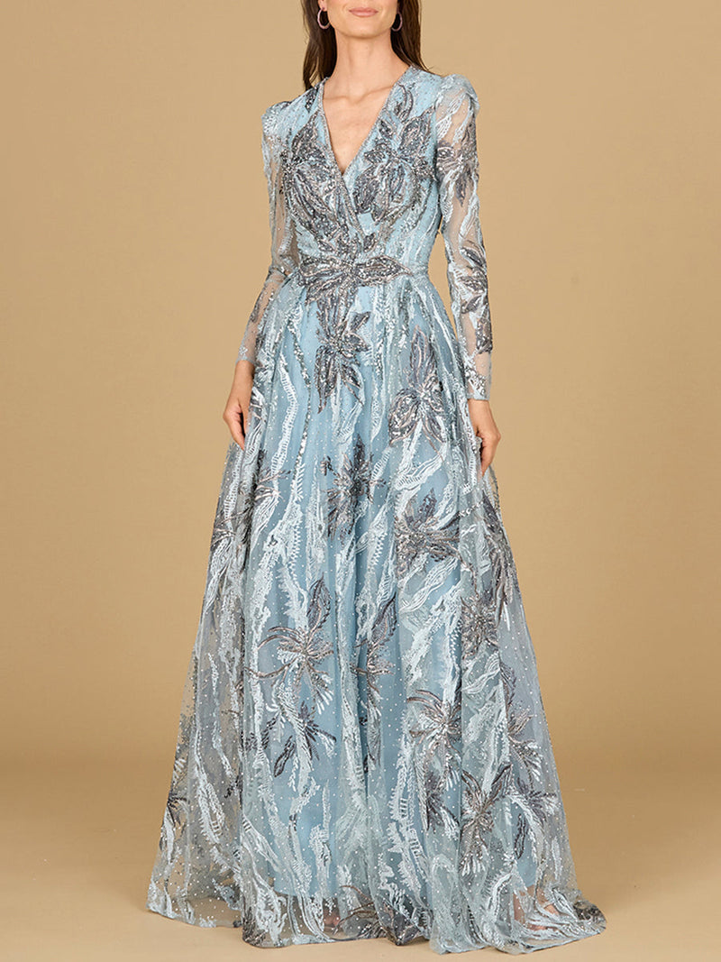 Long Sleeve V-Neck A-Line Gown - Glamourous Grace