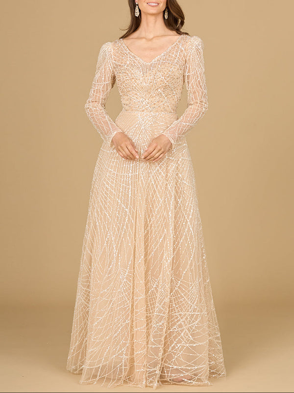 Long Sleeve V-Neck Ballgown - Glamourous Grace