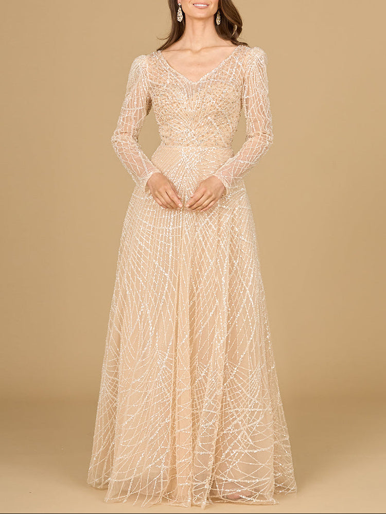 Long Sleeve V-Neck Ballgown - Glamourous Grace