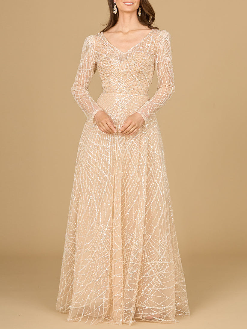 Long Sleeve V-Neck Ballgown - Glamourous Grace