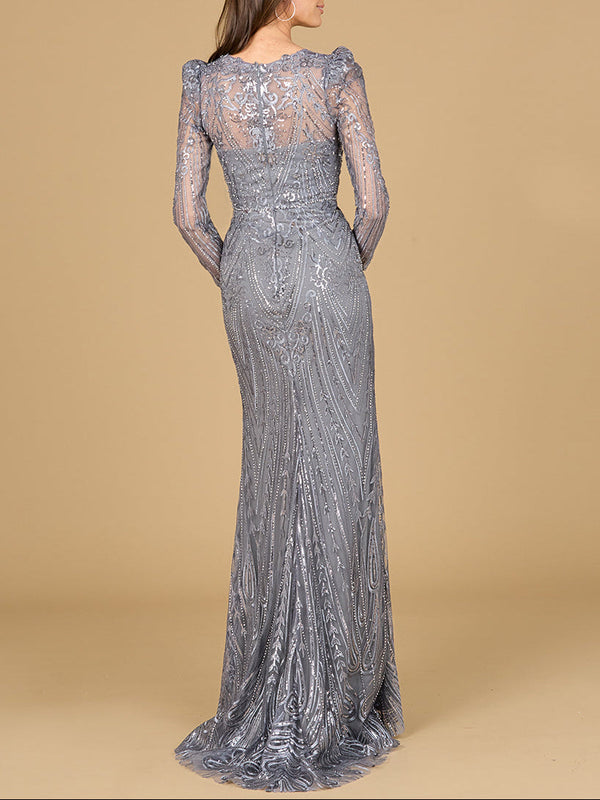 Long Sleeve Sheath Gown with Juliet Sleeves - Glamourous Grace