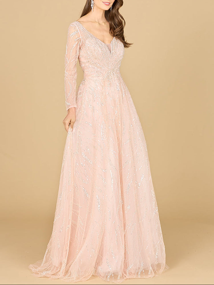Long Sleeve Beaded Lace Gown - Glamourous Grace