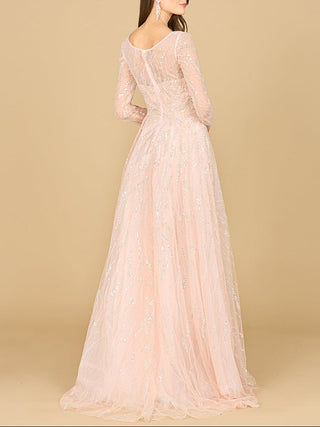 Long Sleeve Beaded Lace Gown - Glamourous Grace