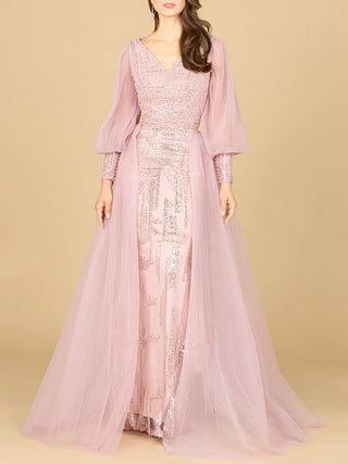 Long Sleeve Lace Gown with Removable Over Skirt - Glamourous Grace
