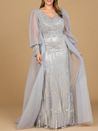 Long Sleeve Lace Gown with Removable Over Skirt - Glamourous Grace