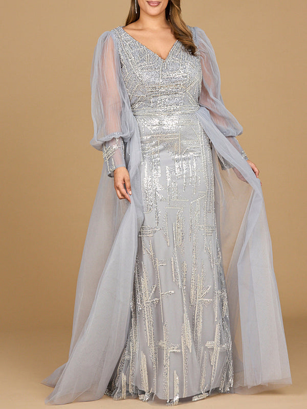Long Sleeve Lace Gown with Removable Over Skirt - Glamourous Grace