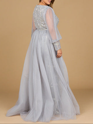Long Sleeve Lace Gown with Removable Over Skirt - Glamourous Grace
