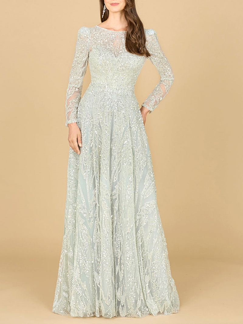 Long Sleeve Beaded Lace Gown - Glamourous Grace