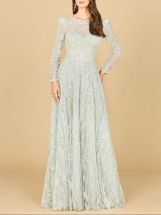 Long Sleeve Beaded Lace Gown - Glamourous Grace