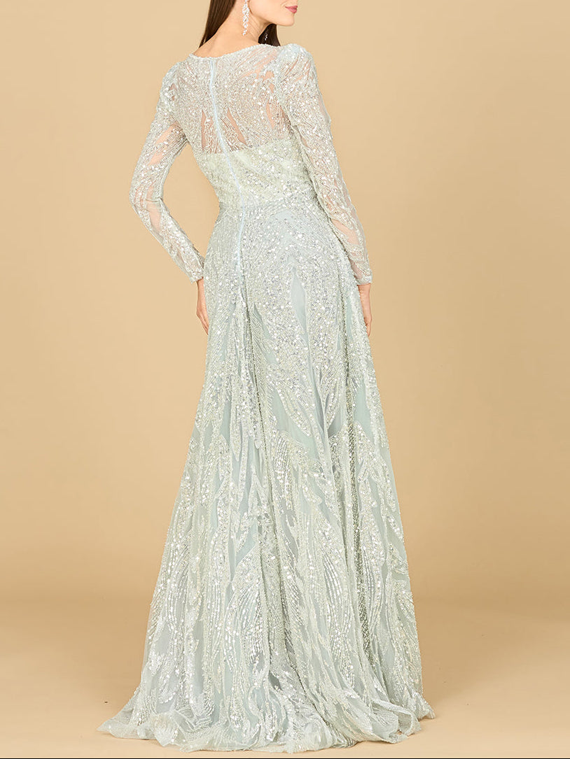 Long Sleeve Beaded Lace Gown - Glamourous Grace