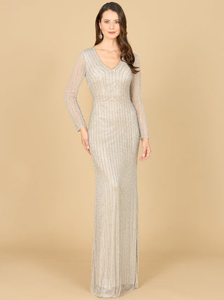 Classic V-Neck Beaded Long Sleeve Gown - Glamourous Grace